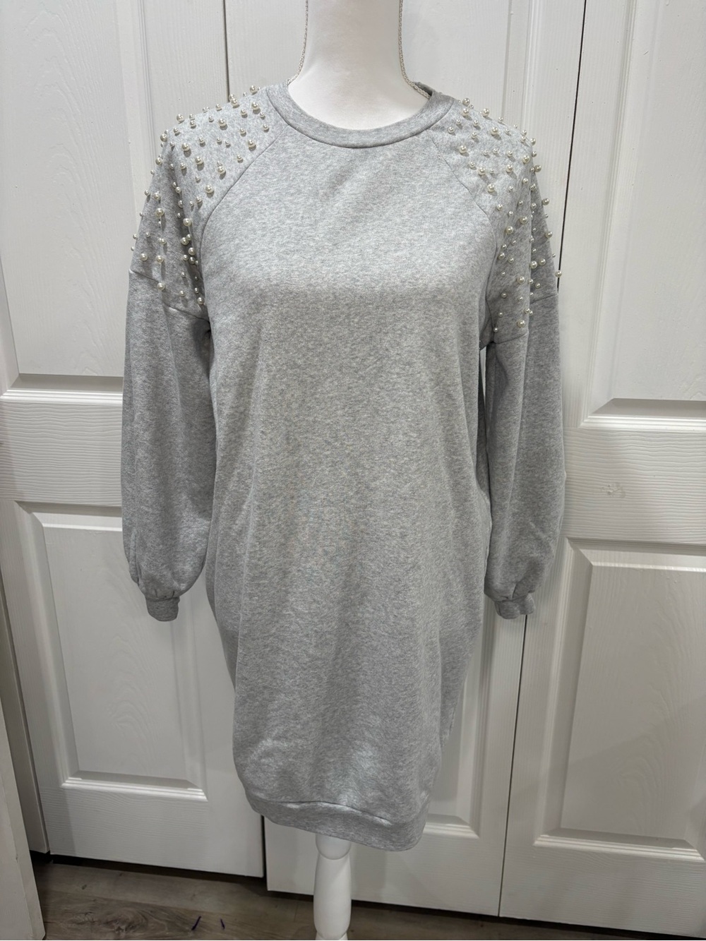 Express Gray Pearl-Embellished Mini Dress